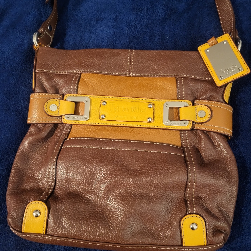B. Makowsky Brown and Yellow Leather Shoulder Bag..Vintage Bohemian